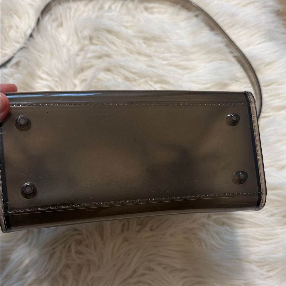 Clear Black Vinyl Crossbody Bag with White Script and Top Handle - Picture 4 of 12